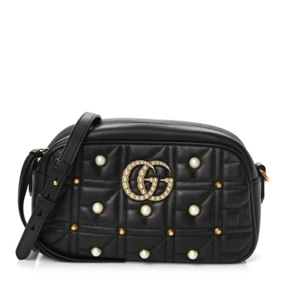 Calfskin Matelasse Studded Small Pearly GG Marmont Chain Shoulder Bag Black